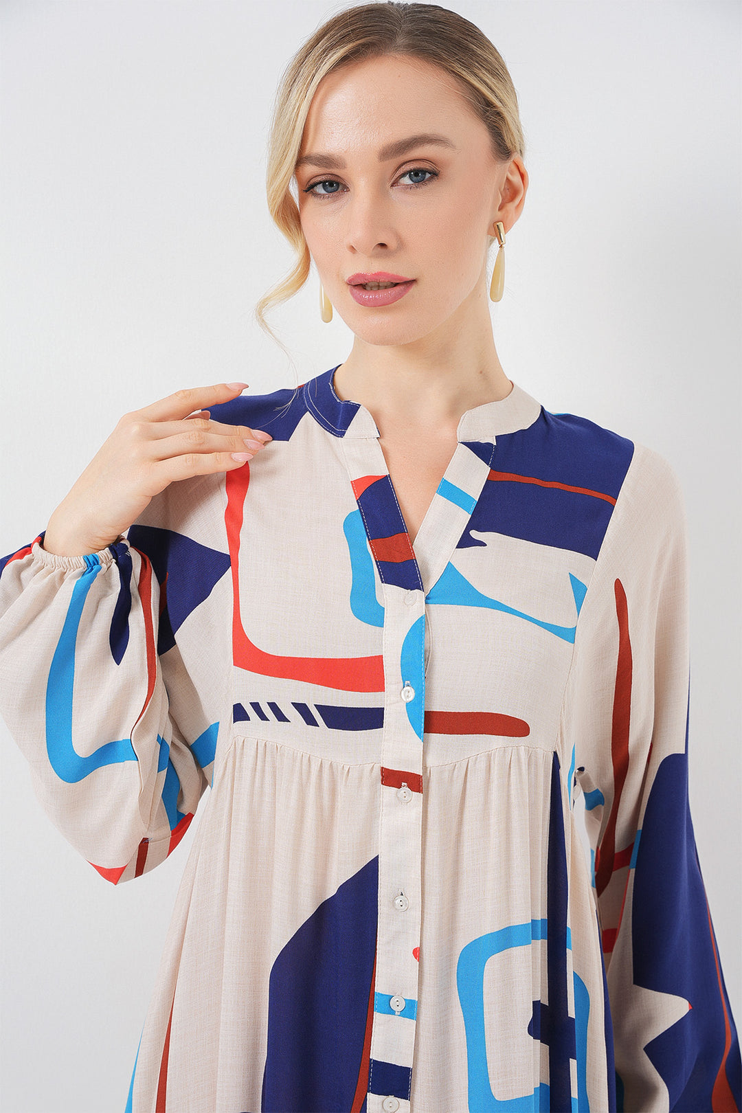 BGD Women Woman Patterned Long Hijab Dress 2585 - Cream - San Severo