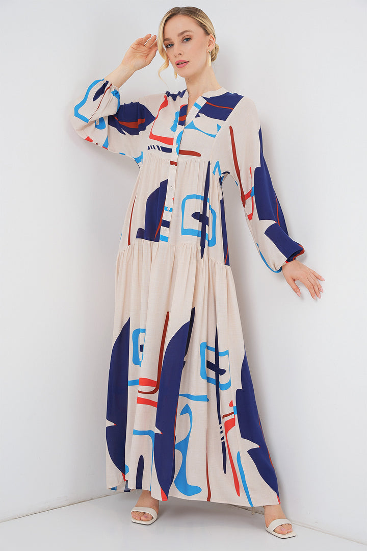 BGD Women Woman Patterned Long Hijab Dress 2585 - Cream - San Severo