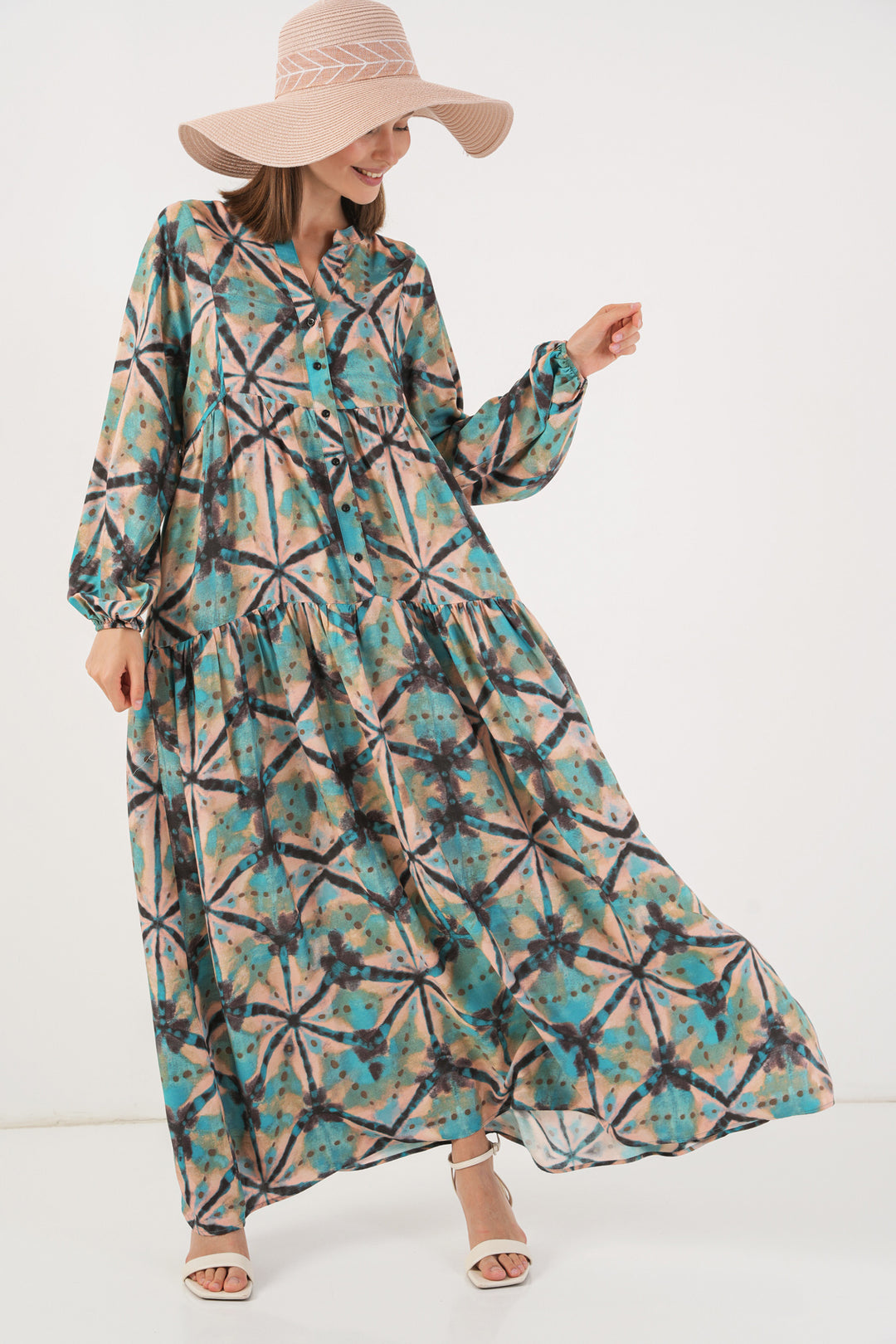 BGD Women Woman Patterned Long Hijab Dress 2585 - D. Mint - St. Catharines