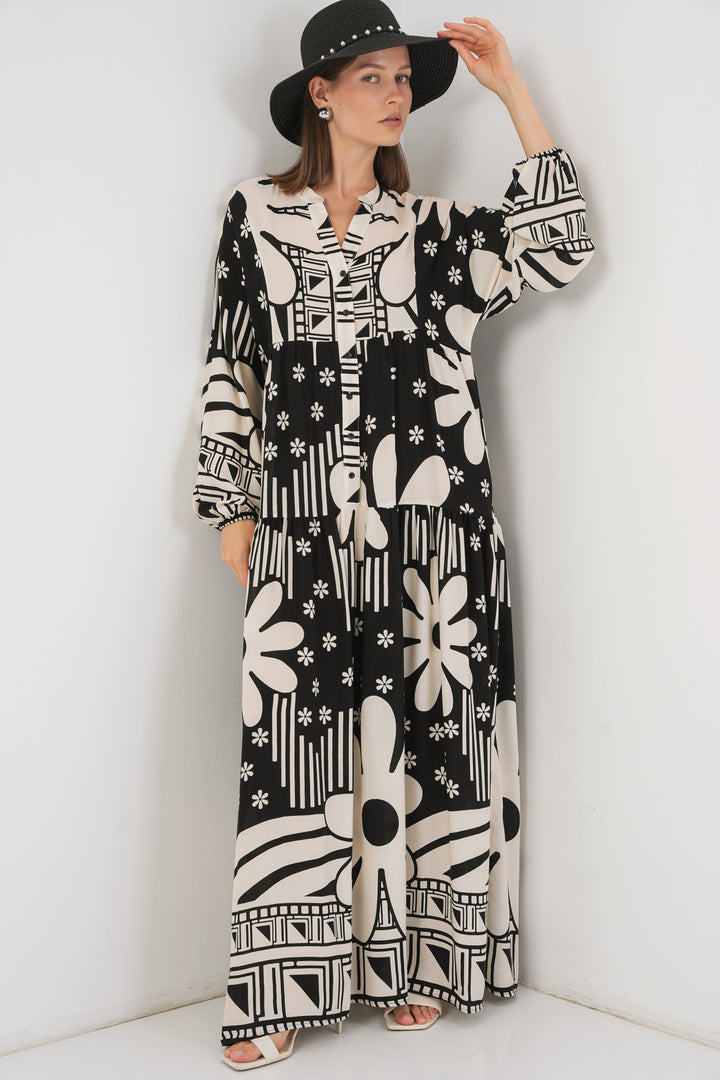 BGD Women Kadın Desenli Uzun Tesettür Elbise 2585 - D. Siyah - Horizon West