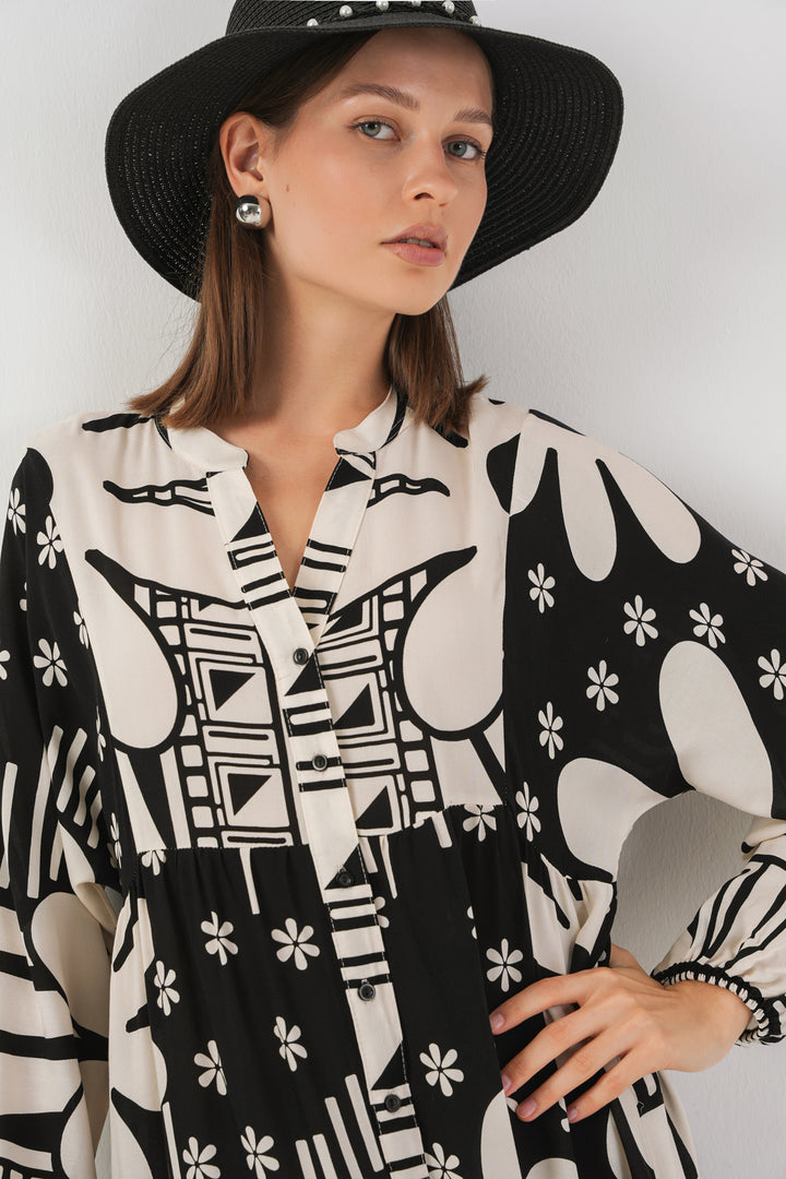 BGD Women Kadın Desenli Uzun Tesettür Elbise 2585 - D. Siyah - Horizon West