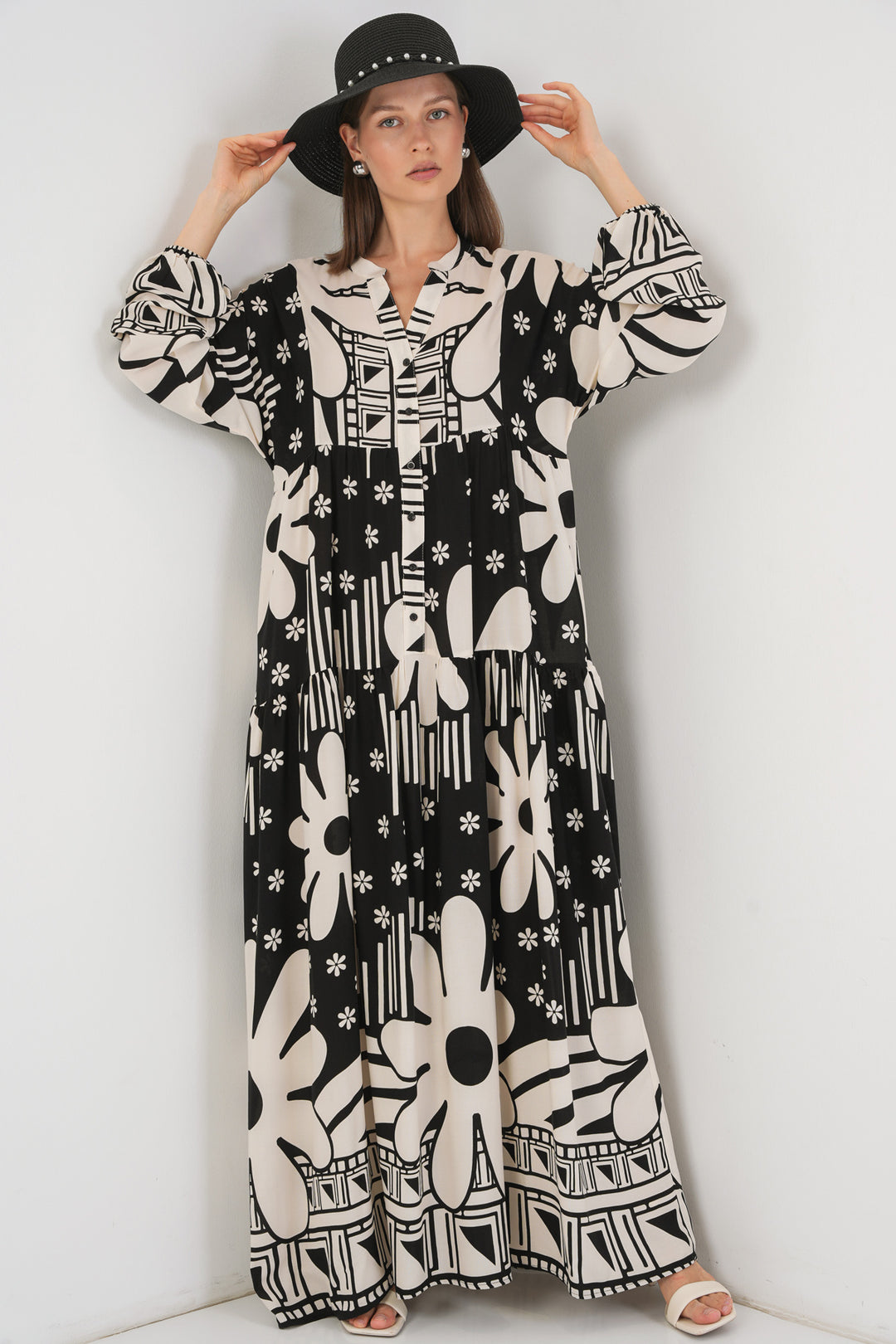 BGD Women Woman Patterned Long Hijab Dress 2585 - Dark Black - Redmond