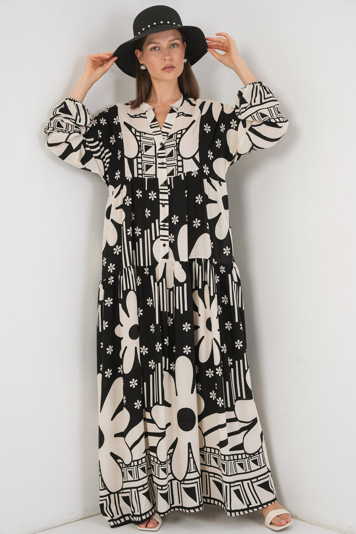 BGD Women Kadın Desenli Uzun Tesettür Elbise 2585 - D. Siyah - Horizon West