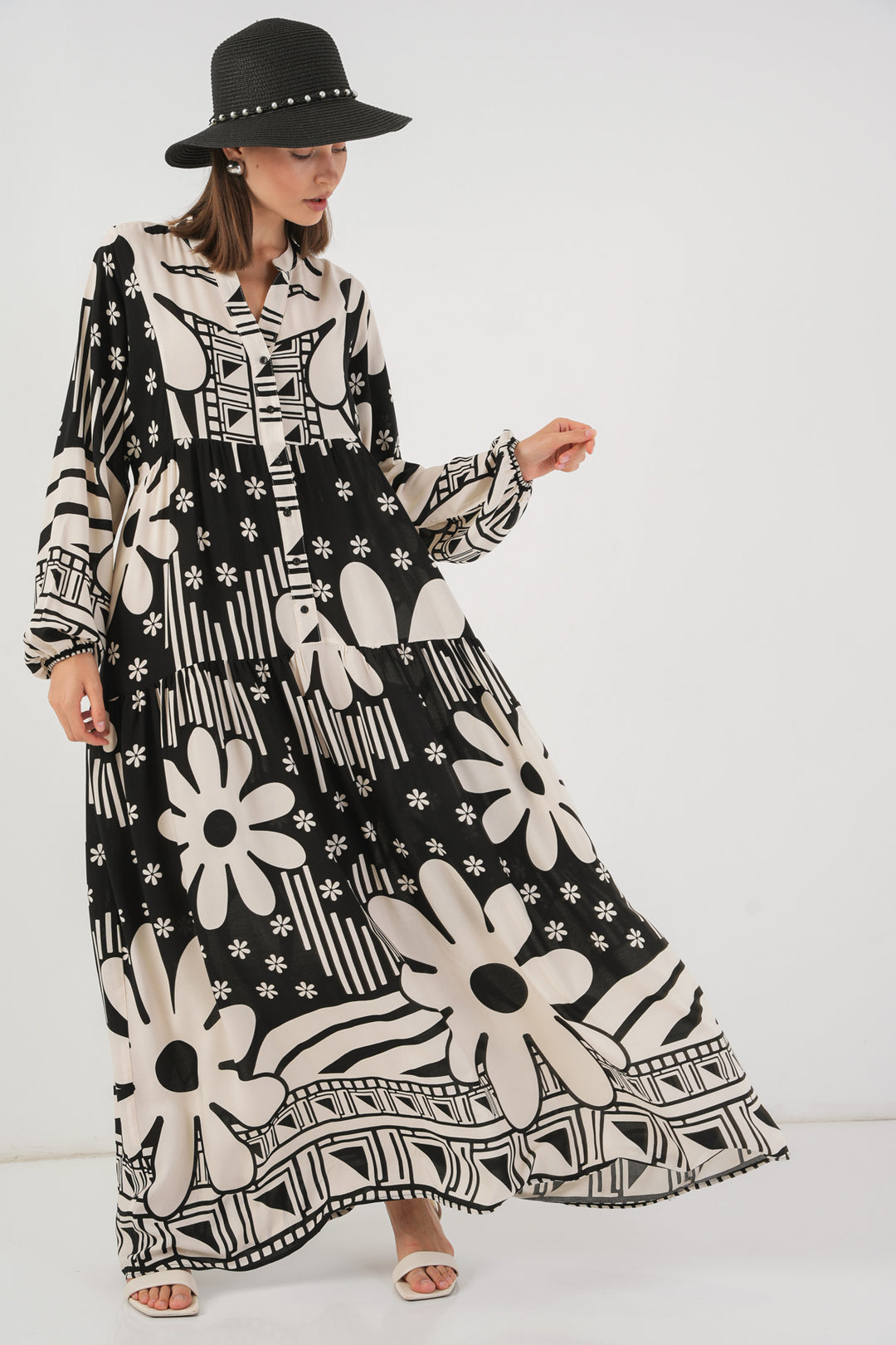 BGD Women Kadın Desenli Uzun Tesettür Elbise 2585 - D. Siyah - Horizon West