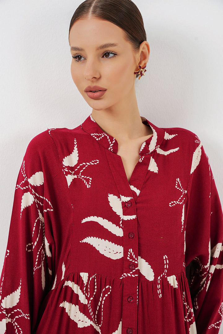 BGD Women Kadın Desenli Uzun Tesettür Elbise 2585 - E. Bordo - Trier