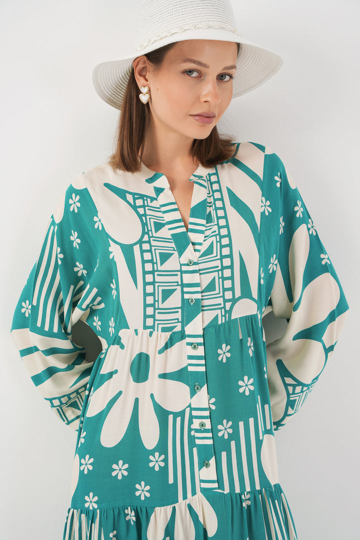 BGD Women Woman Patterned Long Hijab Dress 2585 - E.Mint - Prescott