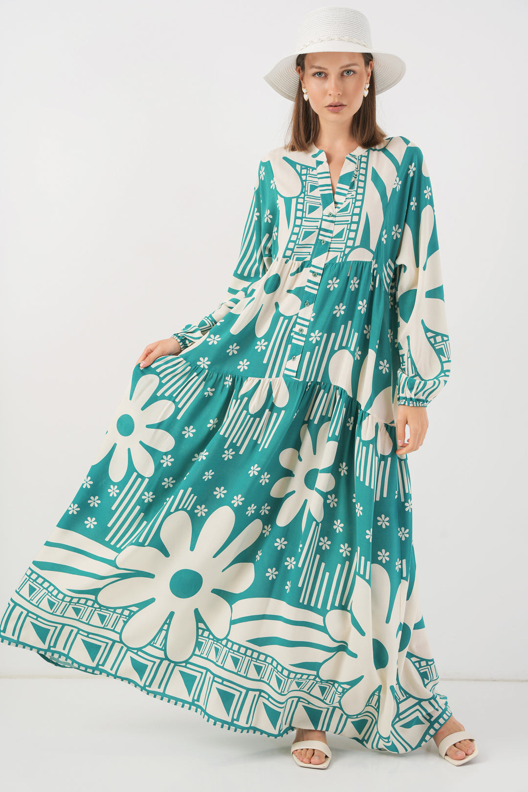 BGD Women Woman Patterned Long Hijab Dress 2585 - E.Mint - Prescott