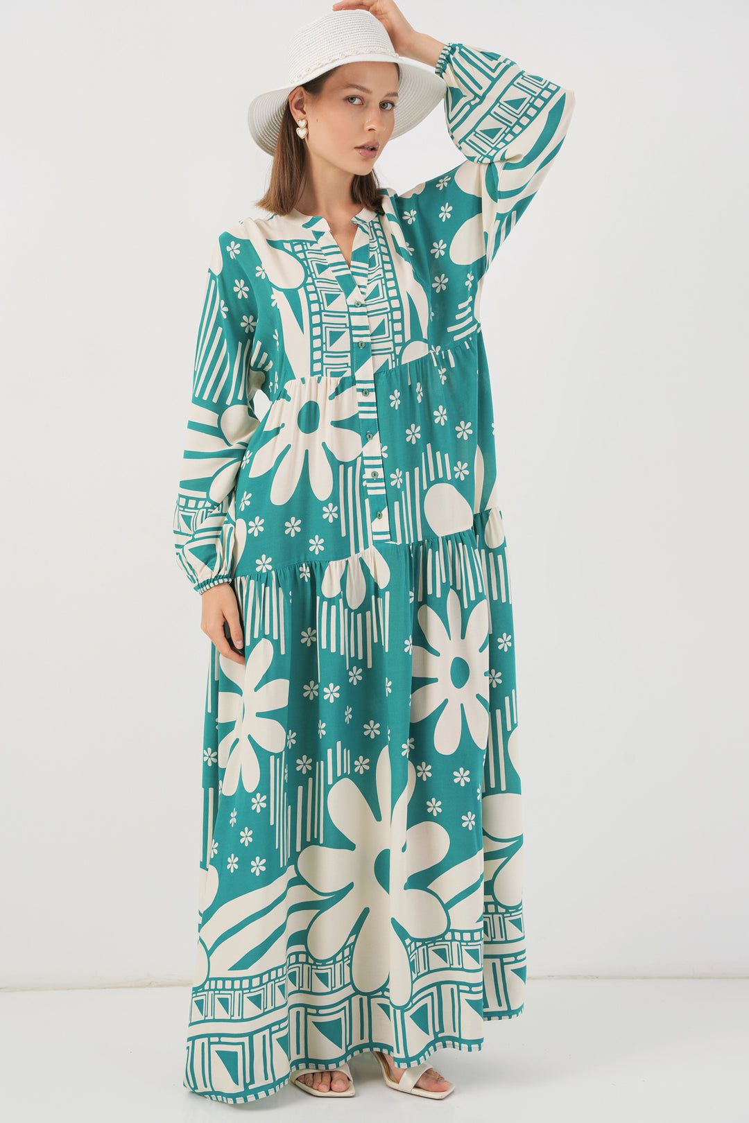 BGD Women Woman Patterned Long Hijab Dress 2585 - E.Mint - Prescott