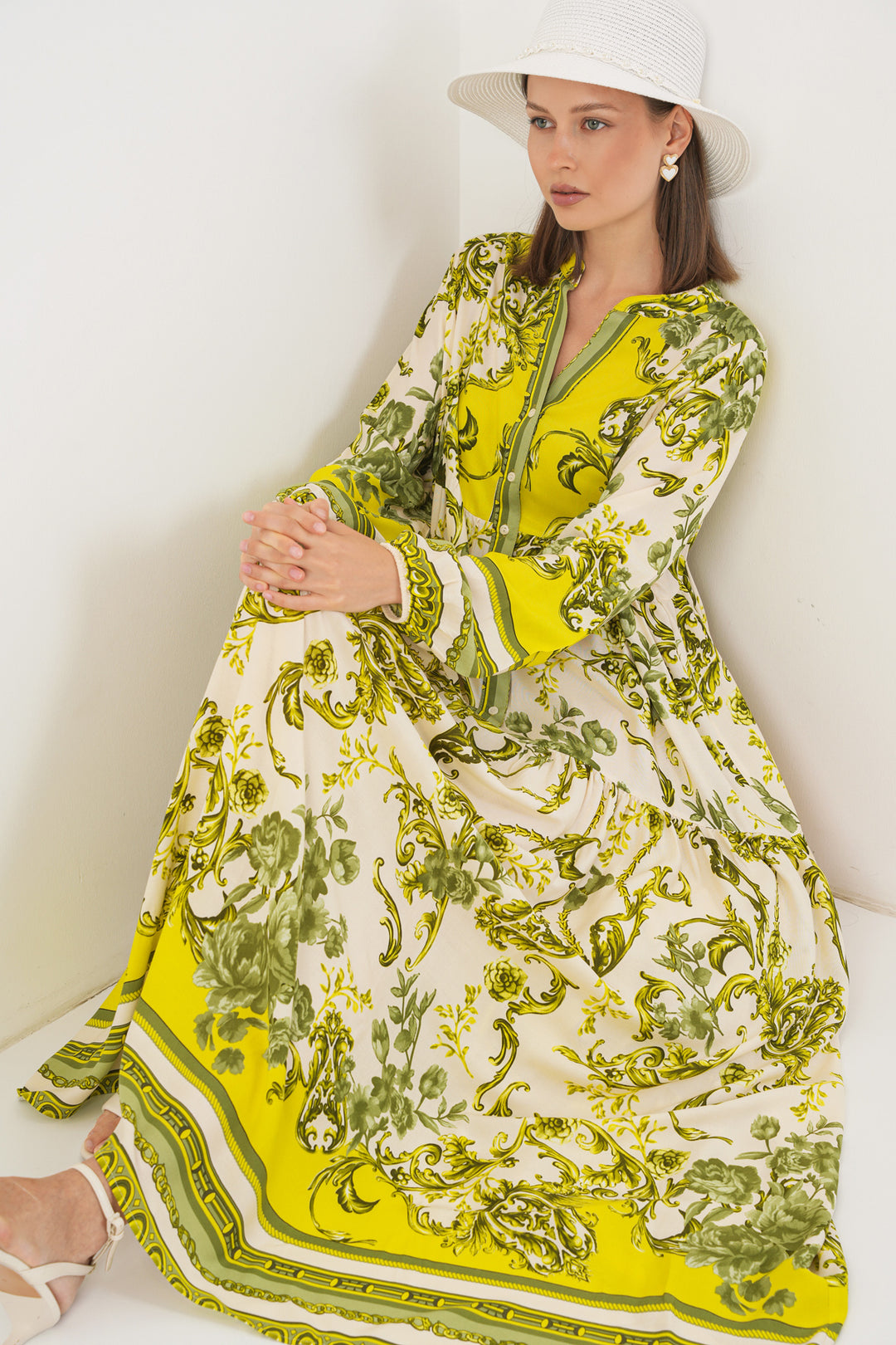 BGD Women Woman Patterned Long Hijab Dress 2585 - Dark Green - Ewell