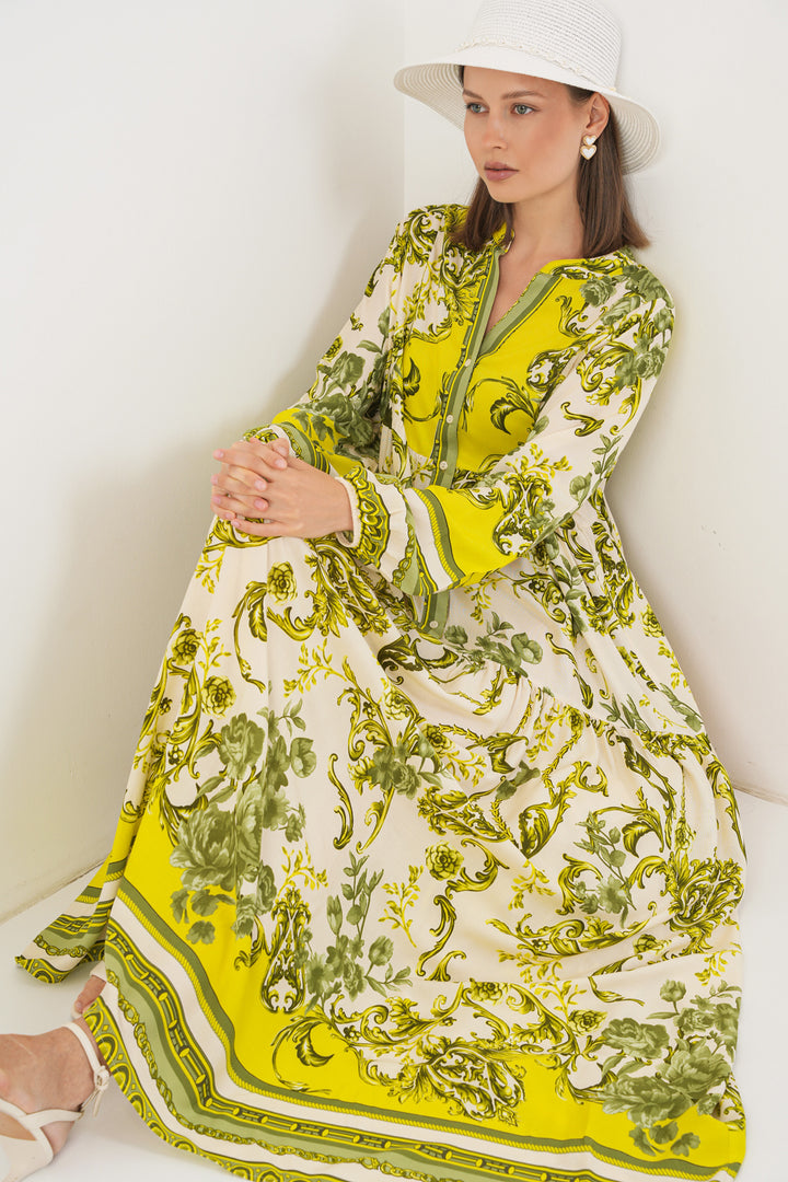 BGD Women Woman Patterned Long Hijab Dress 2585 - Dark Green - Ewell
