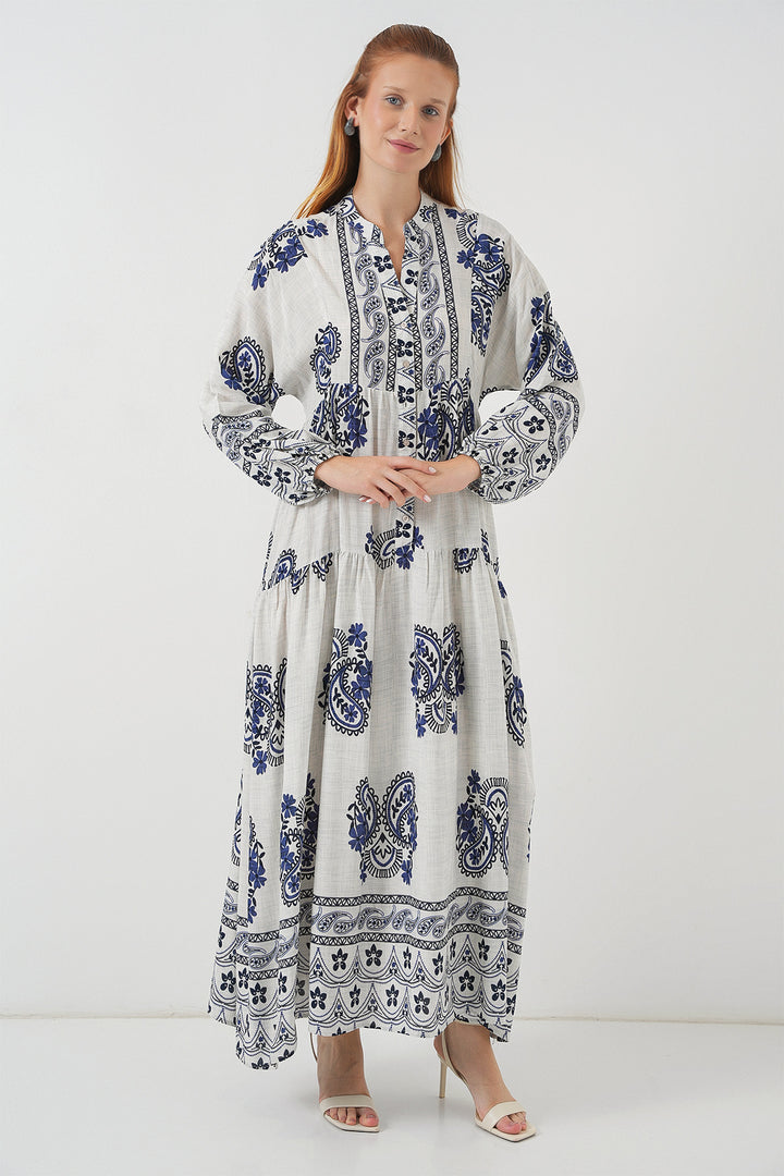 BGD Women Woman Patterned Long Hijab Dress 2585 - Navy Blue - Dover
