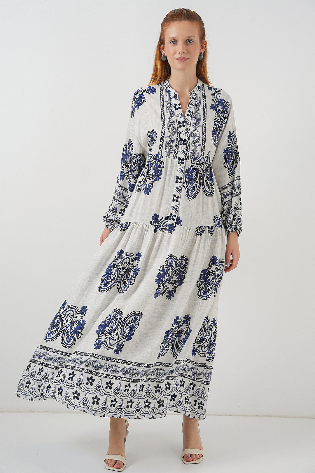 BGD Women Woman Patterned Long Hijab Dress 2585 - Navy Blue - Dover