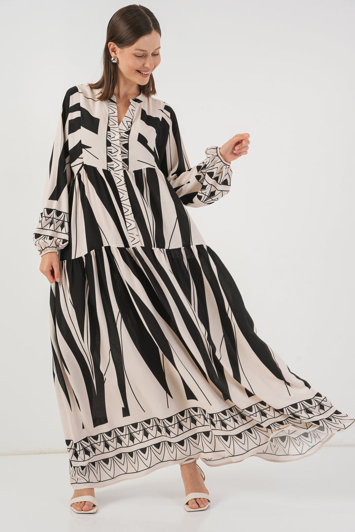 BGD Women Woman Patterned Long Hijab Dress 2585 - F. Black - Dortmund