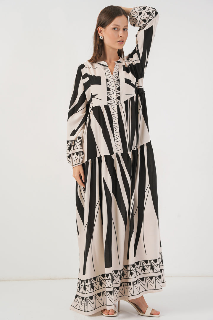 BGD Women Woman Patterned Long Hijab Dress 2585 - F. Black - Dortmund