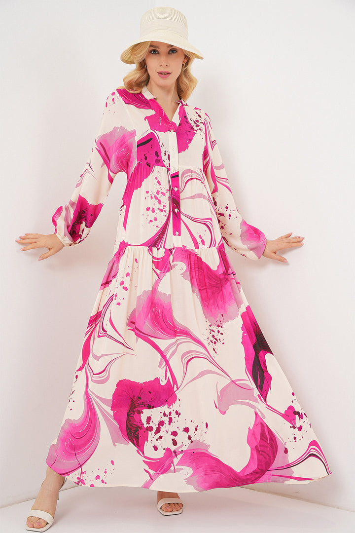 BGD Women Woman Patterned Long Hijab Dress 2585 - Fuchsia - Fondi