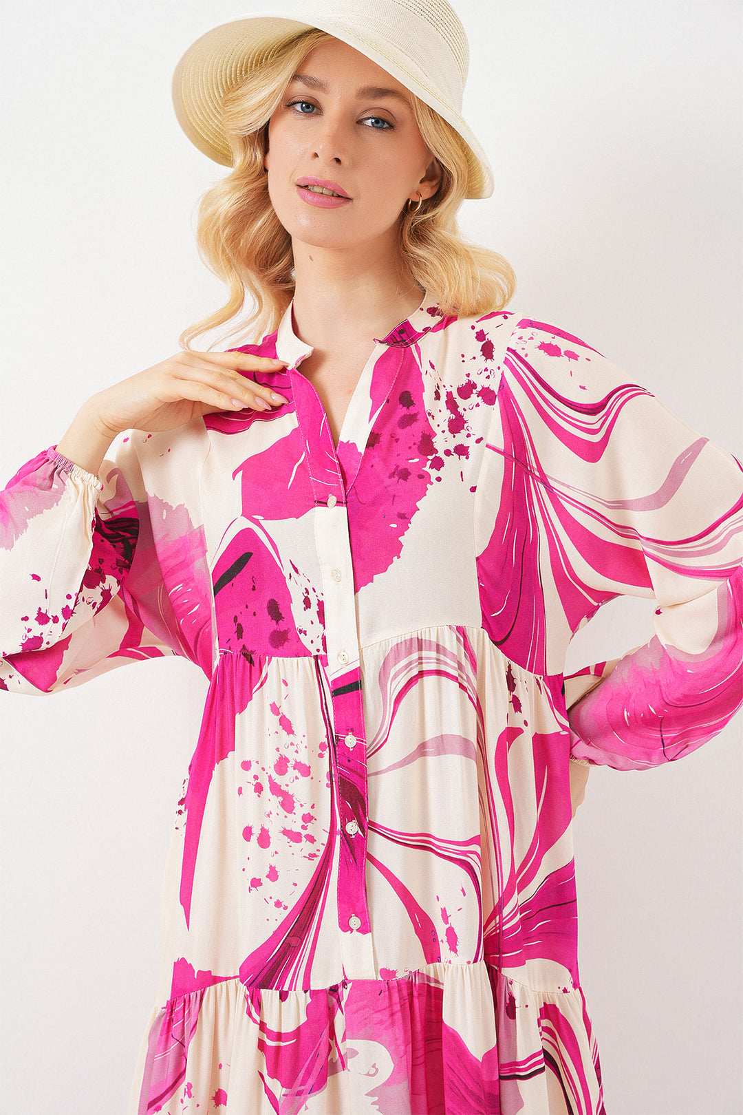 BGD Women Woman Patterned Long Hijab Dress 2585 - Fuchsia - Fondi