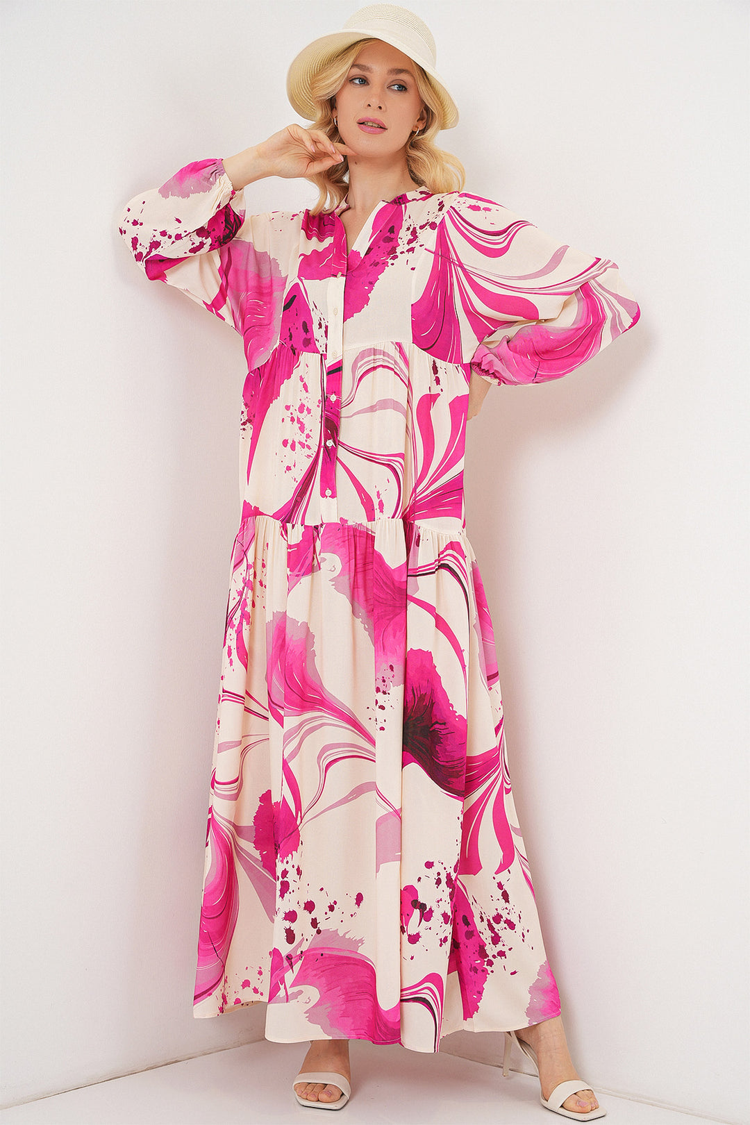 BGD Women Woman Patterned Long Hijab Dress 2585 - Fuchsia - Fondi