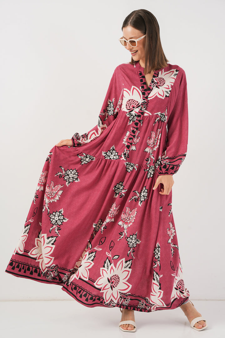 BGD Women Woman Patterned Long Hijab Dress 2585 - Rose Pink - Taxco de Alarcón
