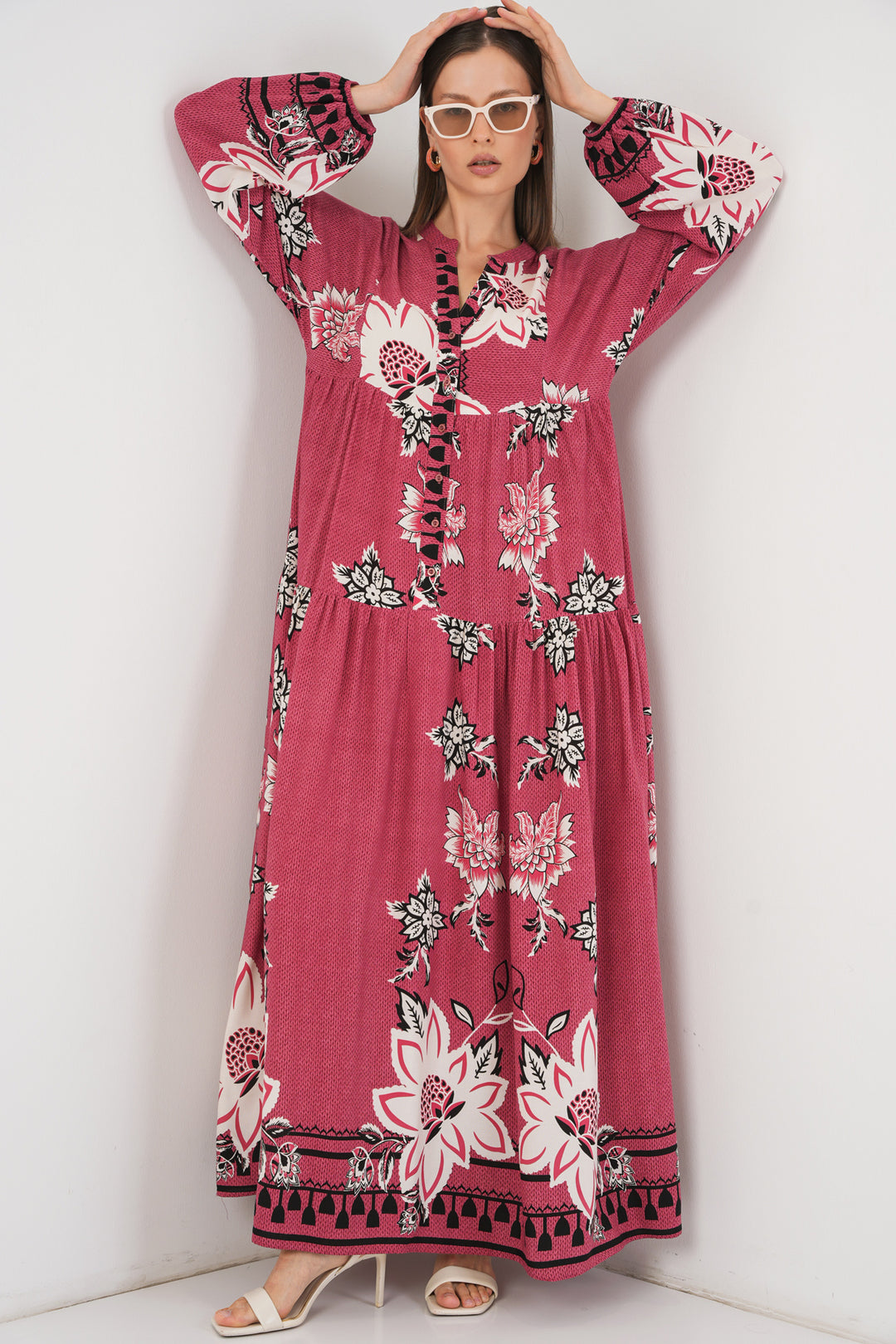 BGD Women Woman Patterned Long Hijab Dress 2585 - Rose Pink - Taxco de Alarcón