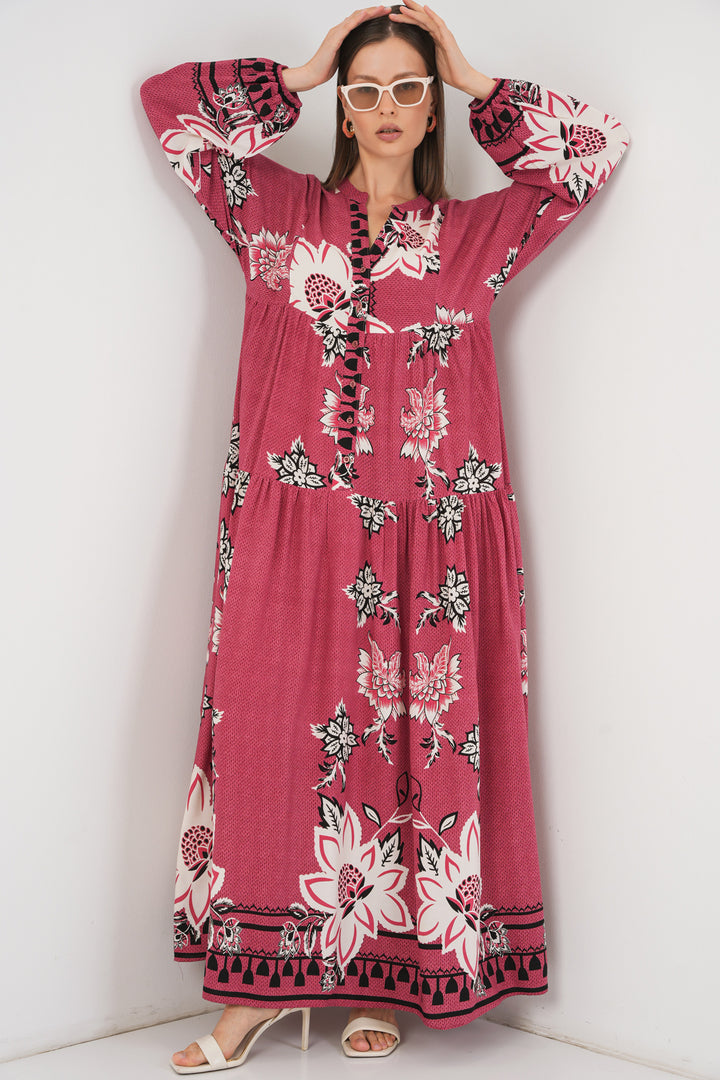 BGD Women Woman Patterned Long Hijab Dress 2585 - Rose Pink - Taxco de Alarcón