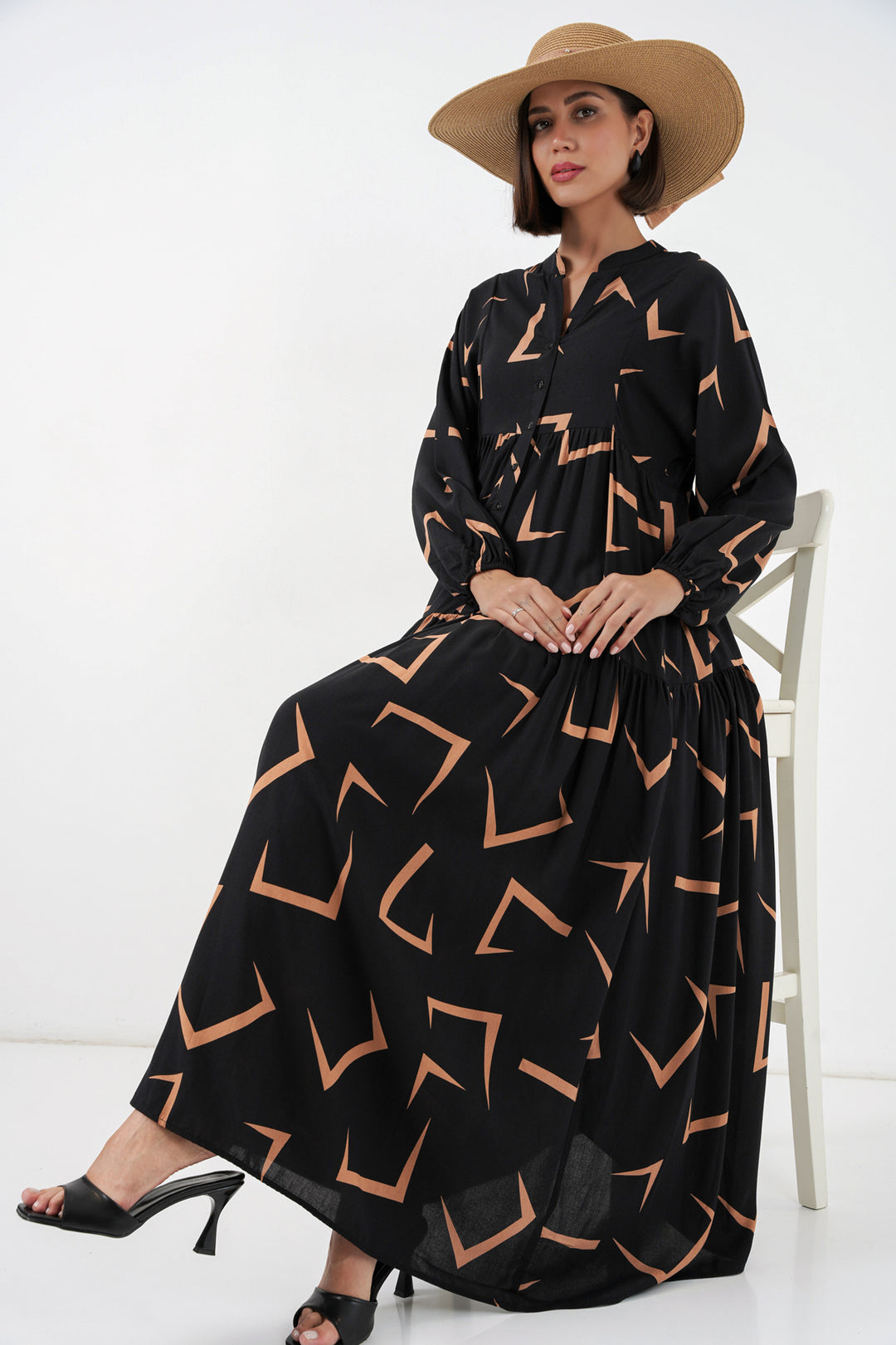 BGD Women Kadın Desenli Uzun Tesettür Elbise 2585 - H. Siyah - Lincoln