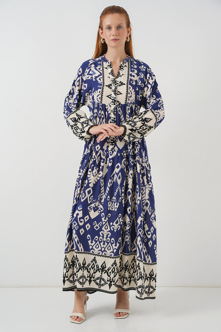 BGD Women Woman Patterned Long Hijab Dress 2585 - Indigo - Fort Lee