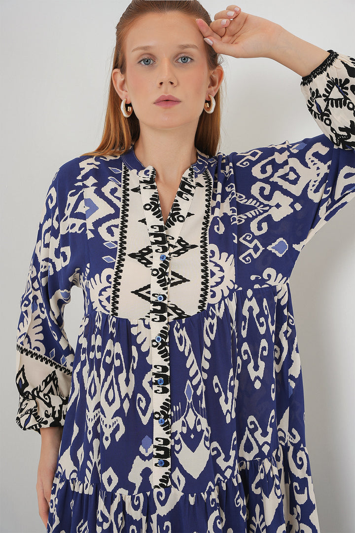 BGD Women Woman Patterned Long Hijab Dress 2585 - Indigo - Fort Lee