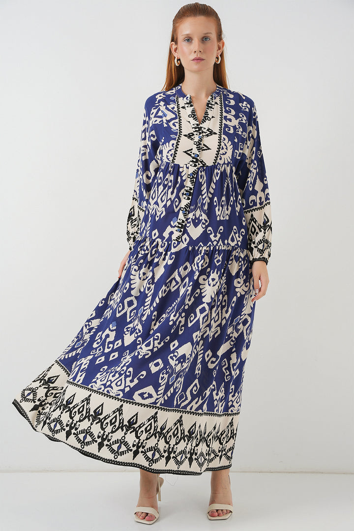 BGD Women Woman Patterned Long Hijab Dress 2585 - Indigo - Fort Lee