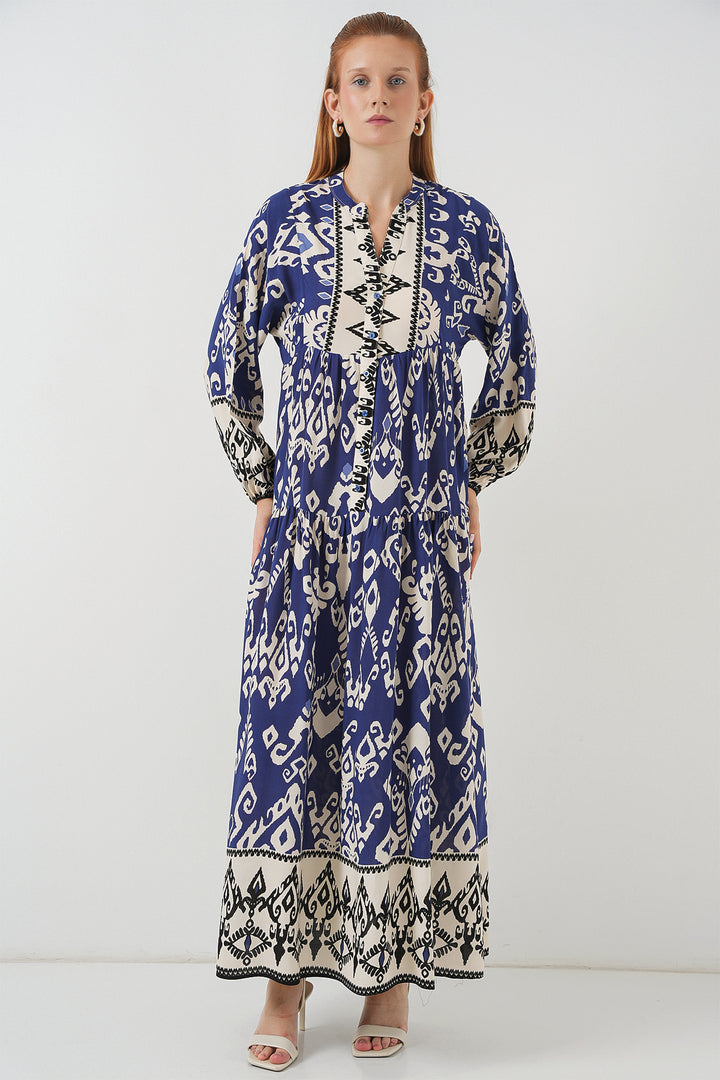 BGD Women Woman Patterned Long Hijab Dress 2585 - Indigo - Fort Lee
