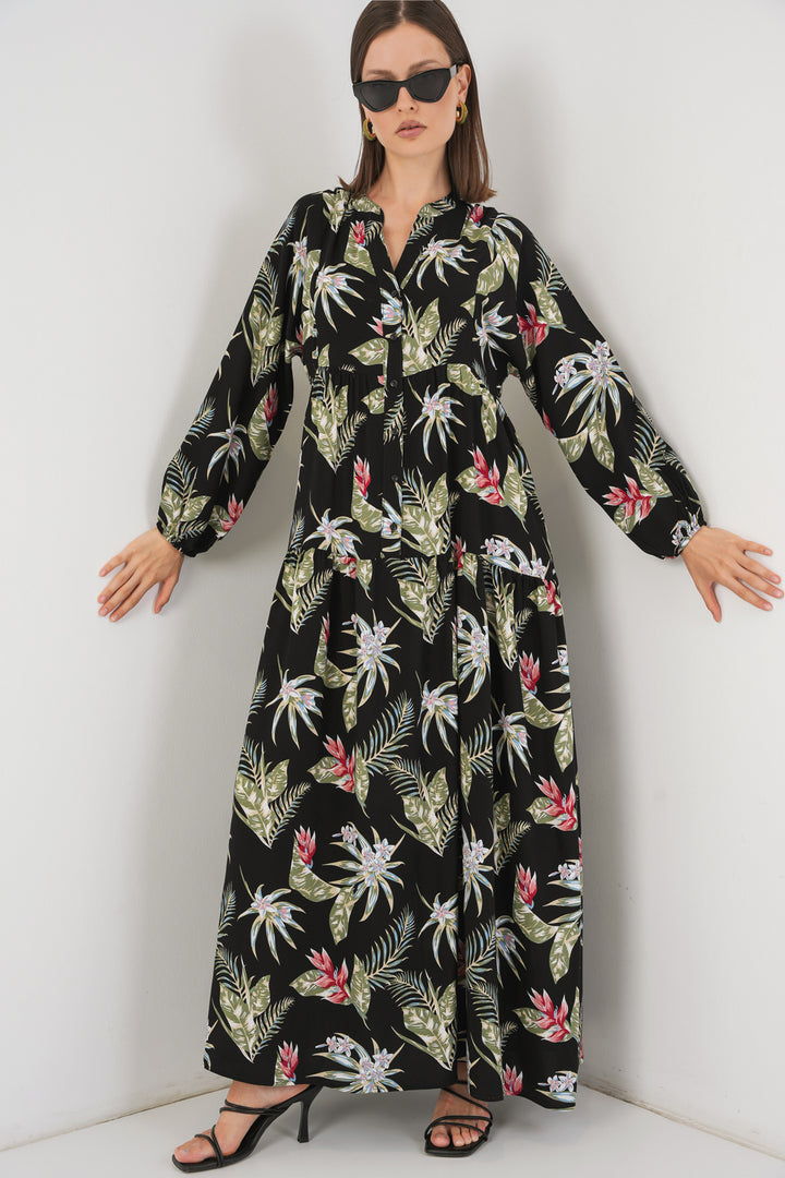 BGD Women Woman Patterned Long Hijab Dress 2585 - Black - Santa Cruz Xoxocotlán