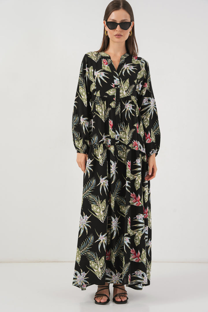 BGD Women Woman Patterned Long Hijab Dress 2585 - Black - Romny