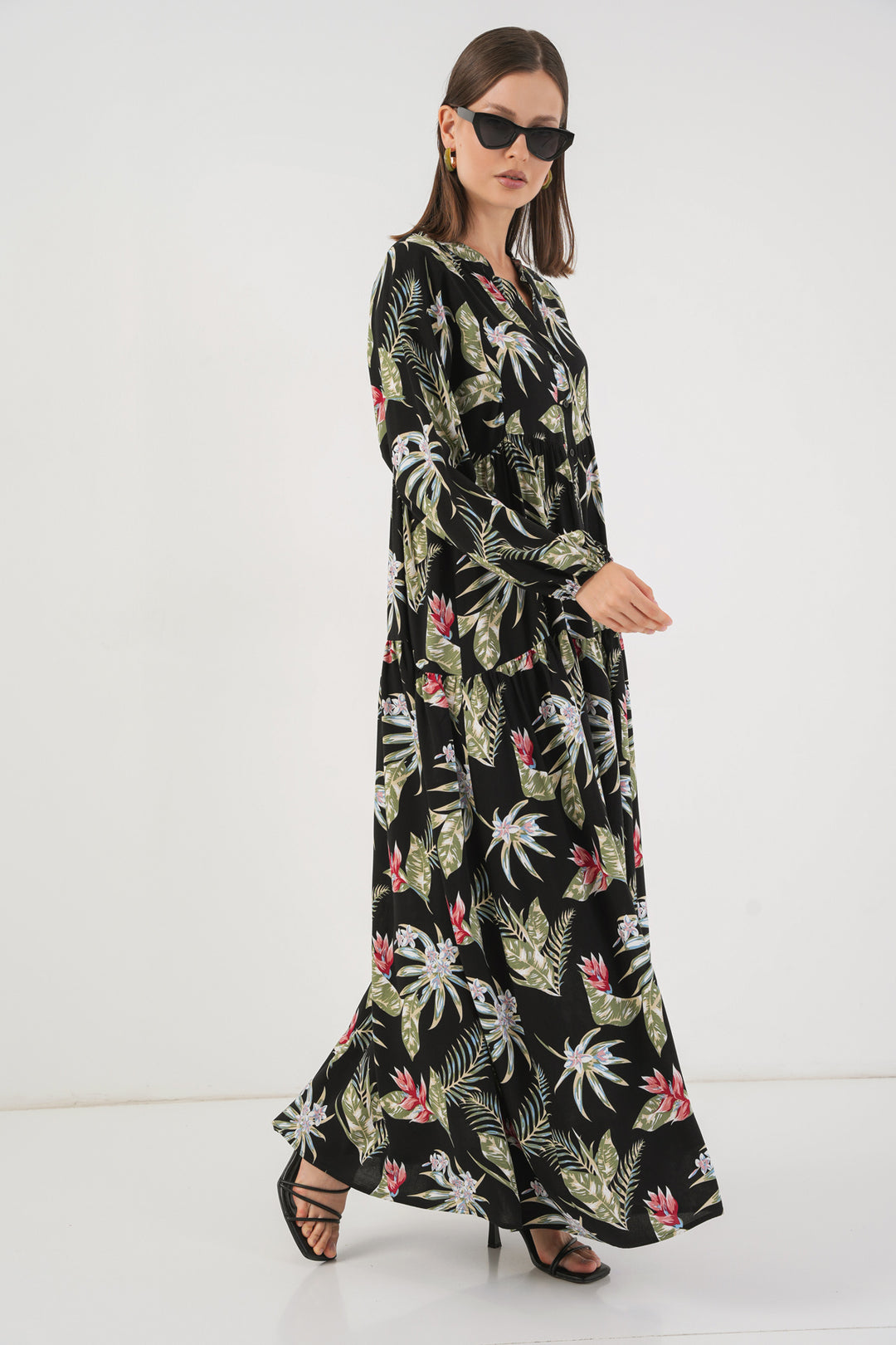 BGD Women Woman Patterned Long Hijab Dress 2585 - Black - Santa Cruz Xoxocotlán