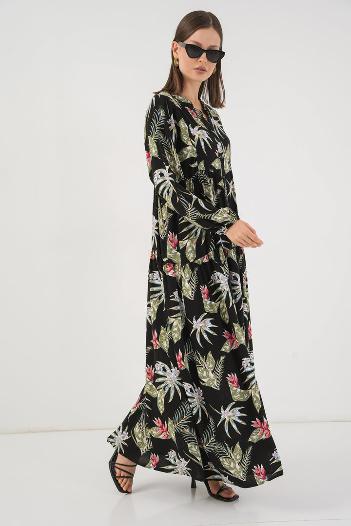 BGD Women Woman Patterned Long Hijab Dress 2585 - Black - Santa Cruz Xoxocotlán