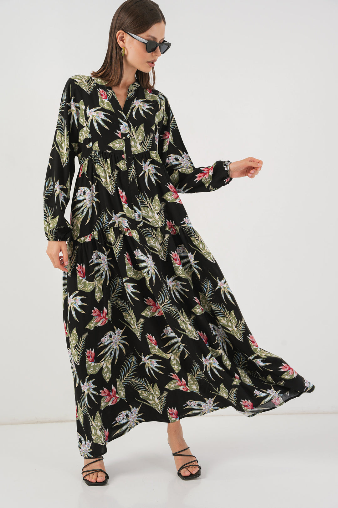 BGD Women Woman Patterned Long Hijab Dress 2585 - Black - Santa Cruz Xoxocotlán