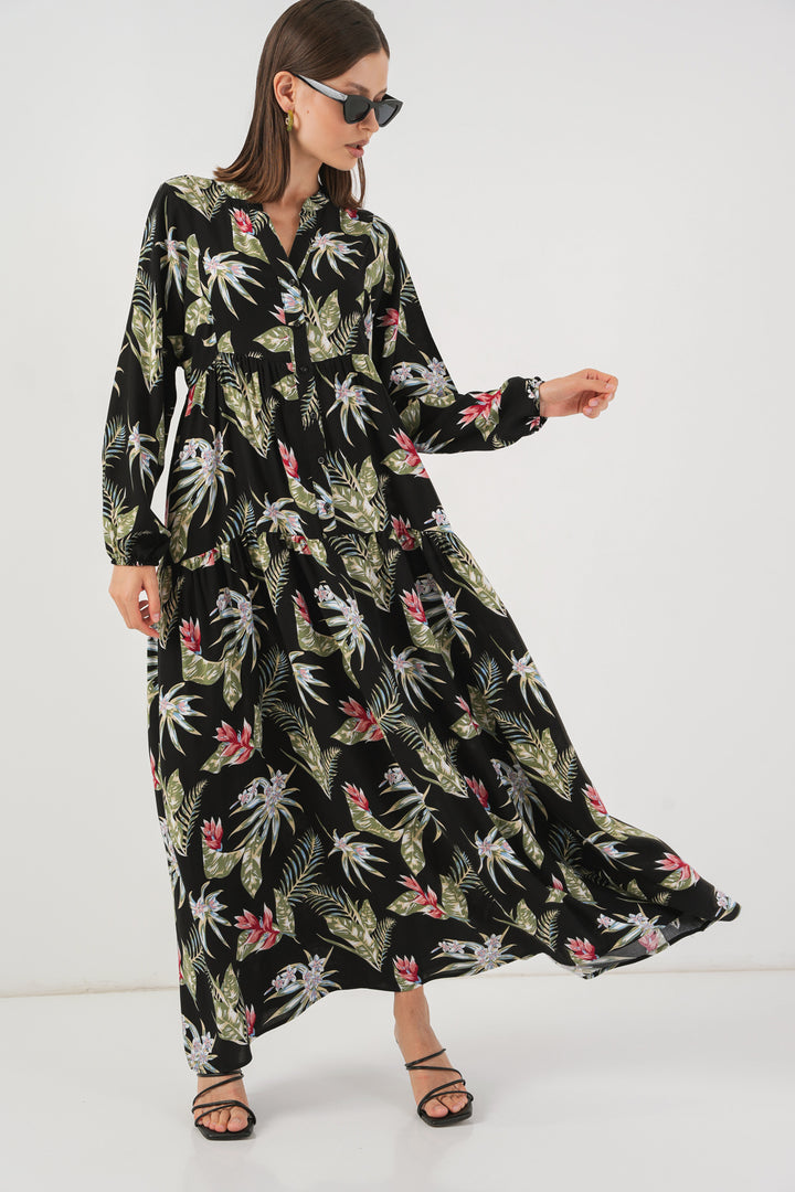 BGD Women Woman Patterned Long Hijab Dress 2585 - Black - Romny