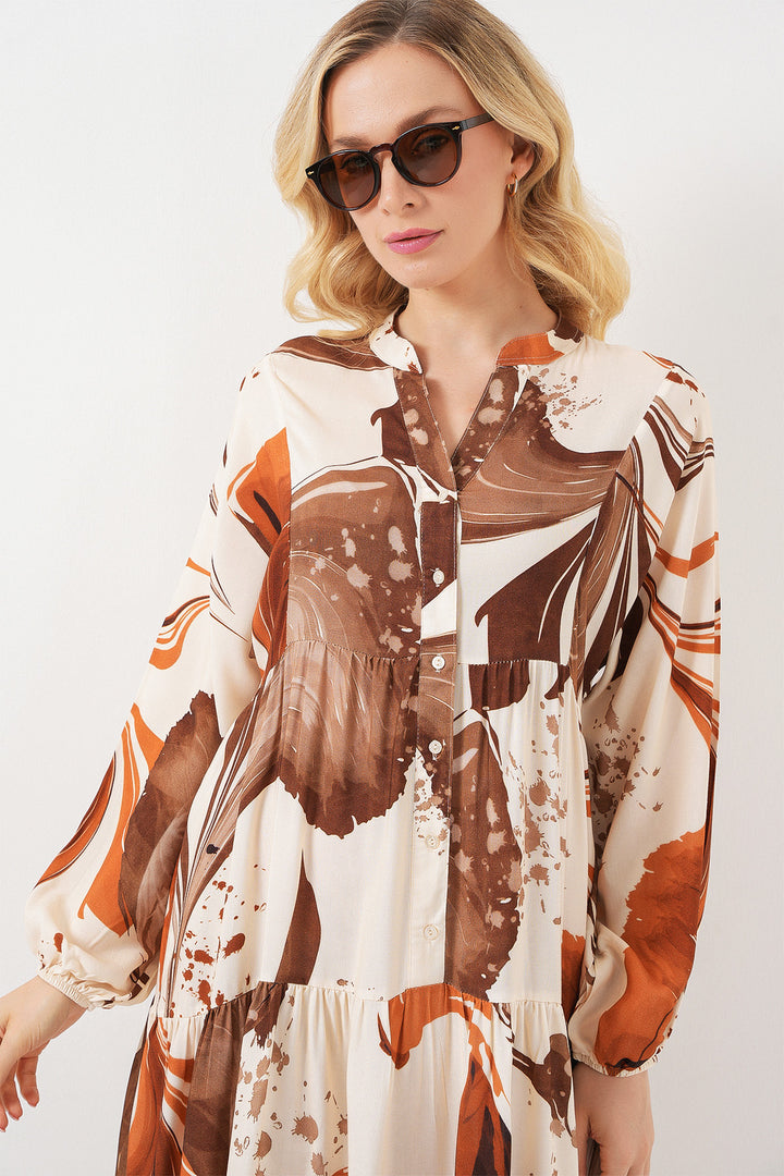 BGD Women Woman Patterned Long Hijab Dress 2585 - Brown - Spartanburg