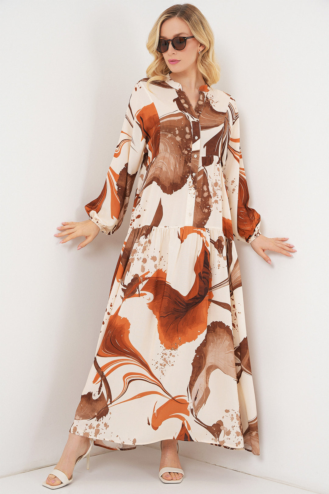 BGD Women Woman Patterned Long Hijab Dress 2585 - Brown - Spartanburg