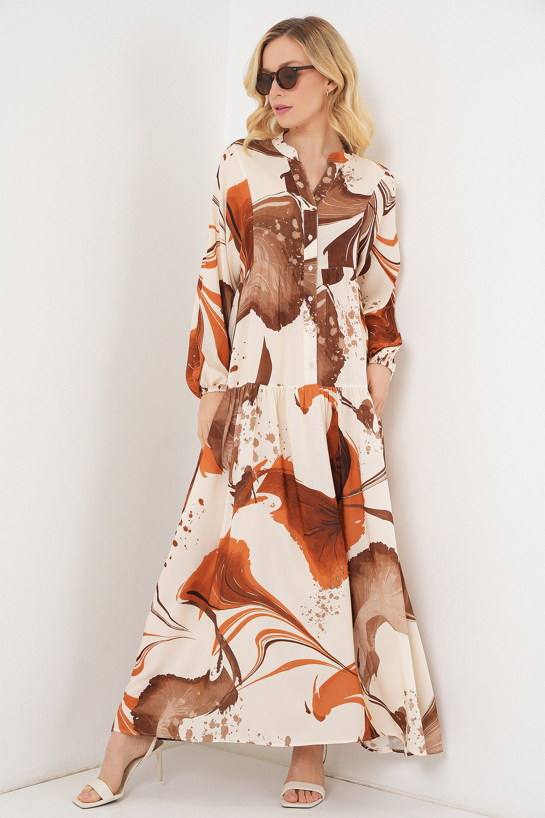 BGD Women Woman Patterned Long Hijab Dress 2585 - Brown - Spartanburg