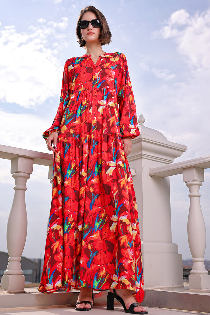 BGD Women Woman Patterned Long Hijab Dress 2585 - Red - Pico Rivera