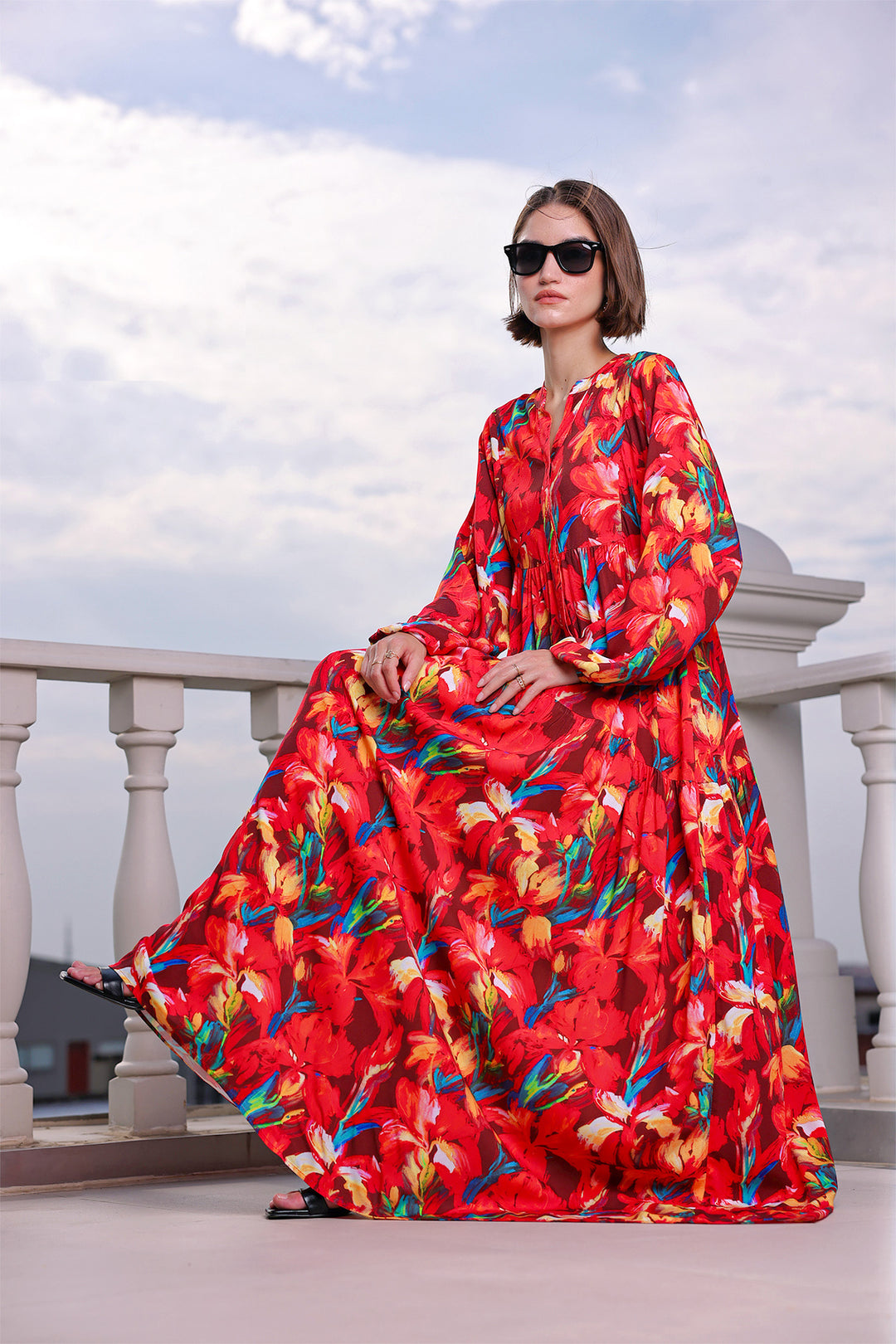 BGD Women Woman Patterned Long Hijab Dress 2585 - Red - Pico Rivera