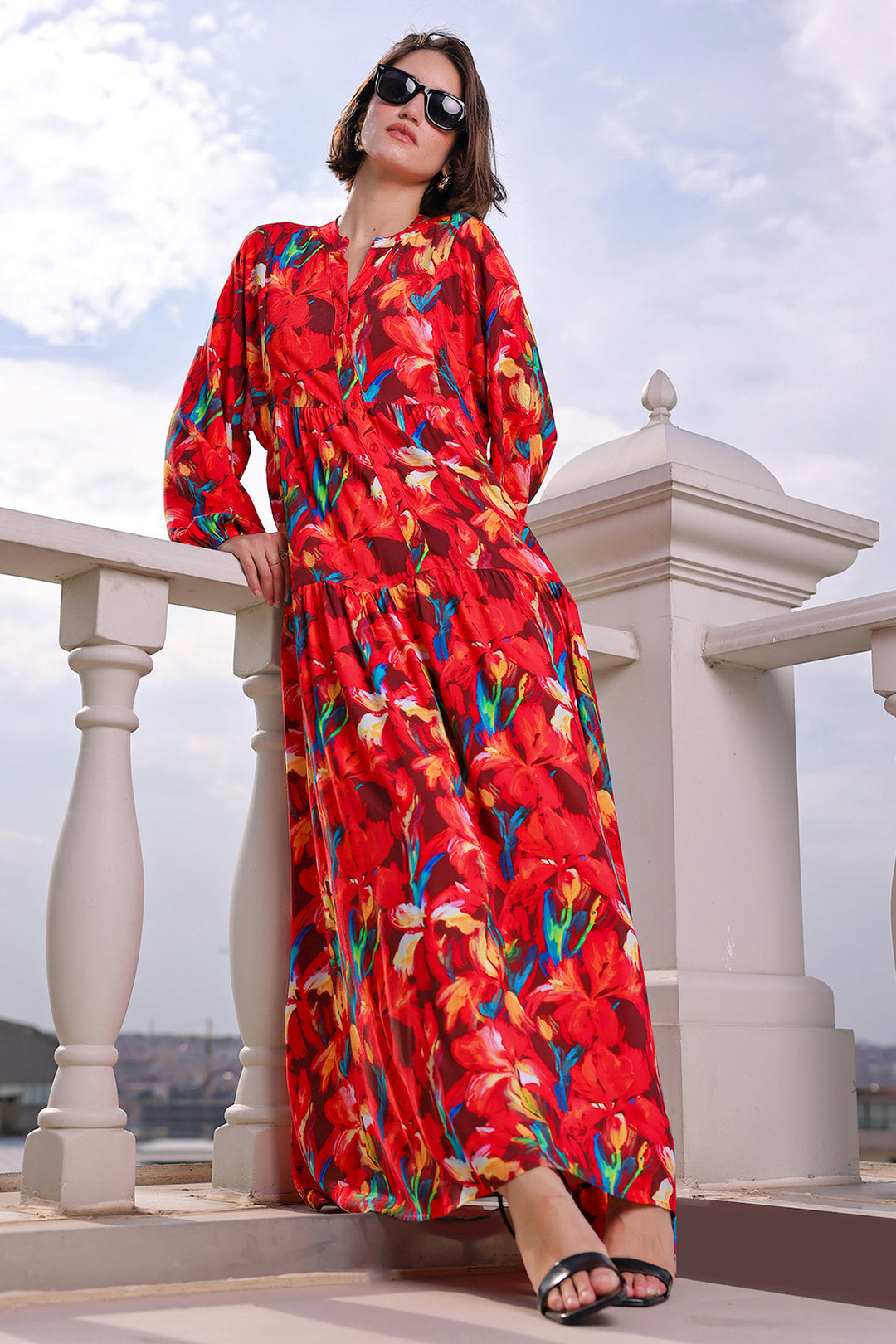 BGD Women Woman Patterned Long Hijab Dress 2585 - Red - Pico Rivera