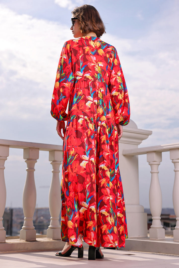 BGD Women Woman Patterned Long Hijab Dress 2585 - Red - Pico Rivera