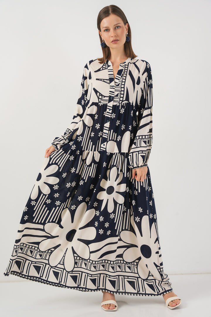 BGD Women Woman Patterned Long Hijab Dress 2585 - L. Navy Blue - Napier