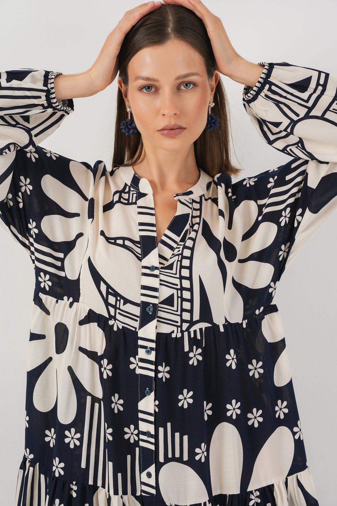BGD Women Woman Patterned Long Hijab Dress 2585 - L. Navy Blue - Napier