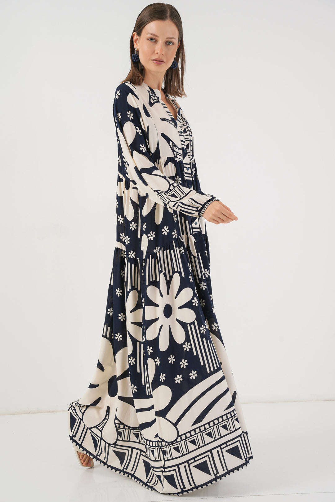 BGD Women Woman Patterned Long Hijab Dress 2585 - L. Navy Blue - Napier