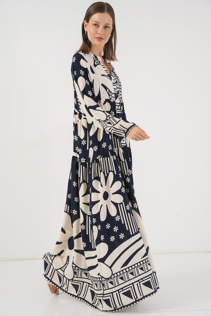 BGD Women Woman Patterned Long Hijab Dress 2585 - L. Navy Blue - Napier