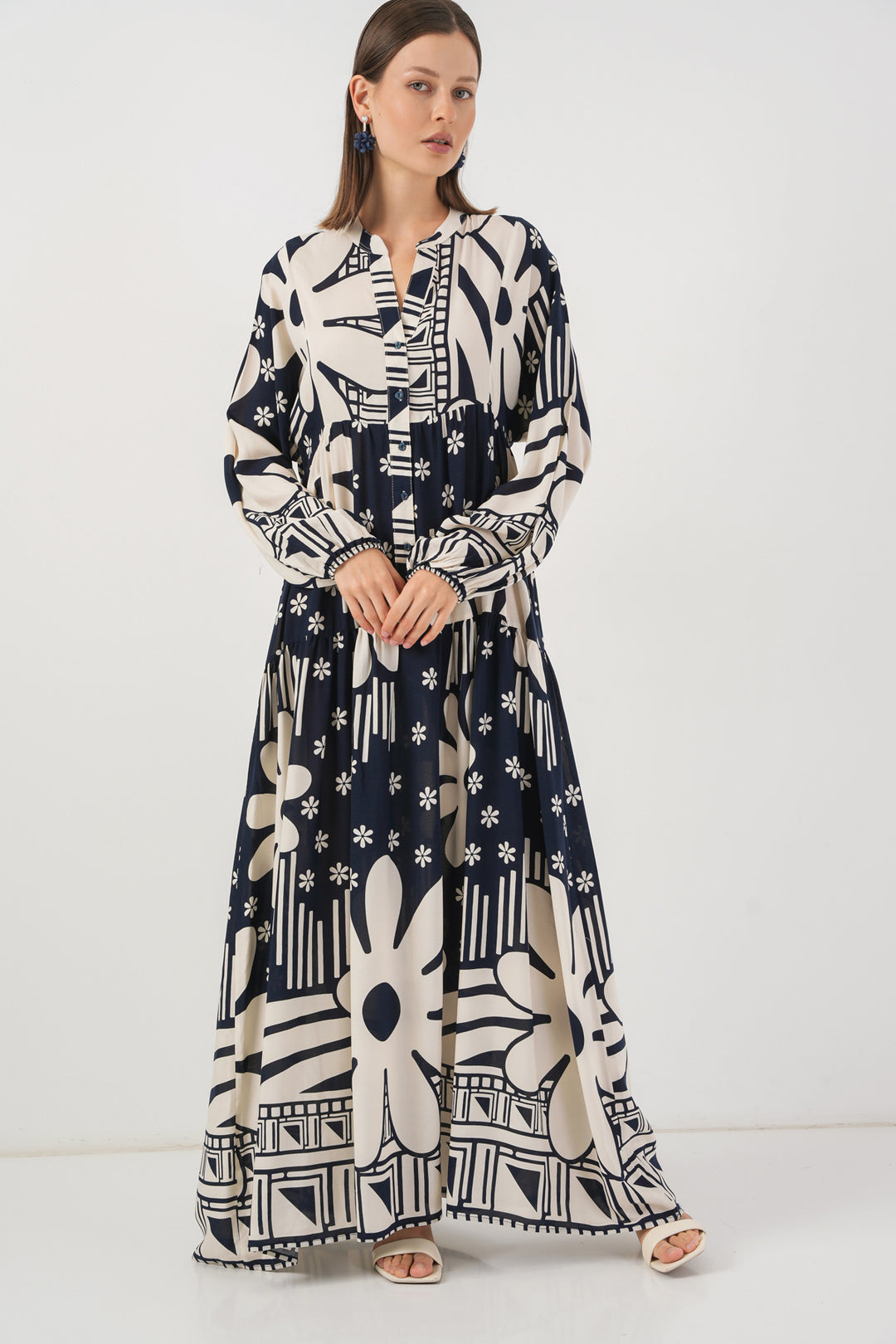 BGD Women Woman Patterned Long Hijab Dress 2585 - L. Navy Blue - Napier