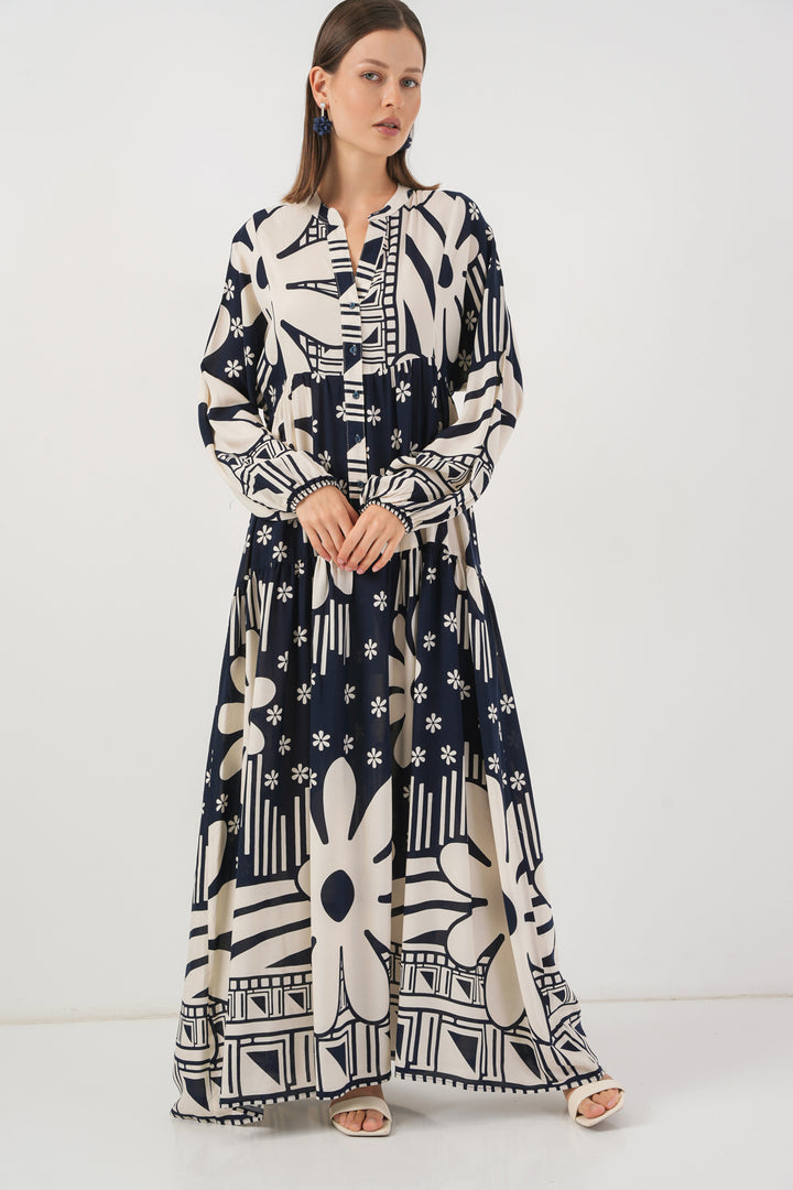 BGD Women Woman Patterned Long Hijab Dress 2585 - L. Navy Blue - Napier