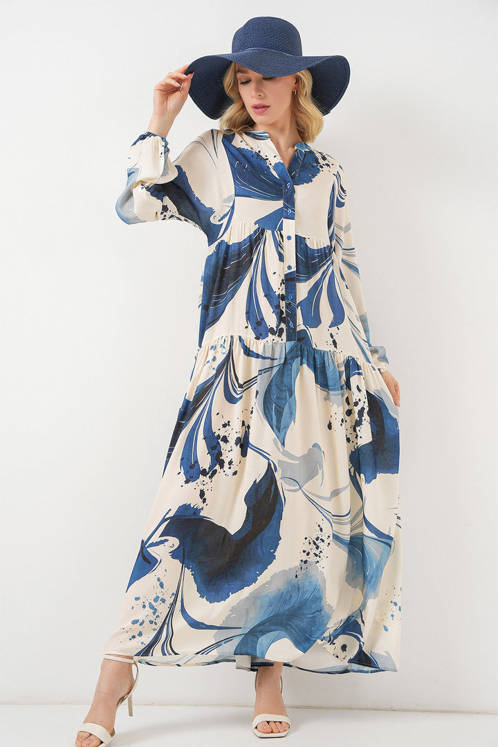 BGD Women Woman Patterned Long Hijab Dress 2585 - Navy Blue - Mitcham