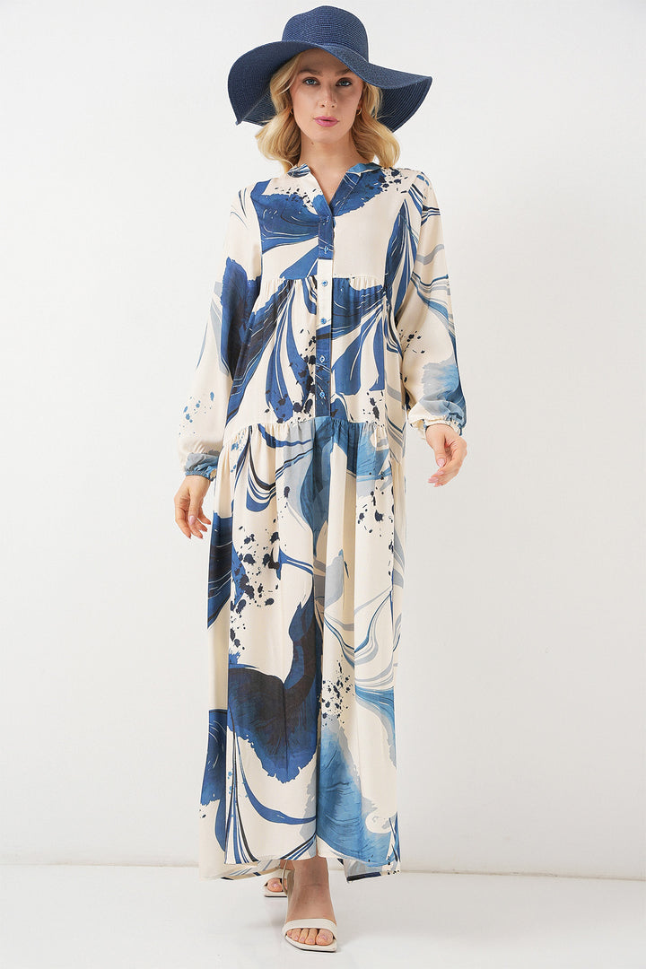 BGD Women Woman Patterned Long Hijab Dress 2585 - Navy Blue - Mitcham